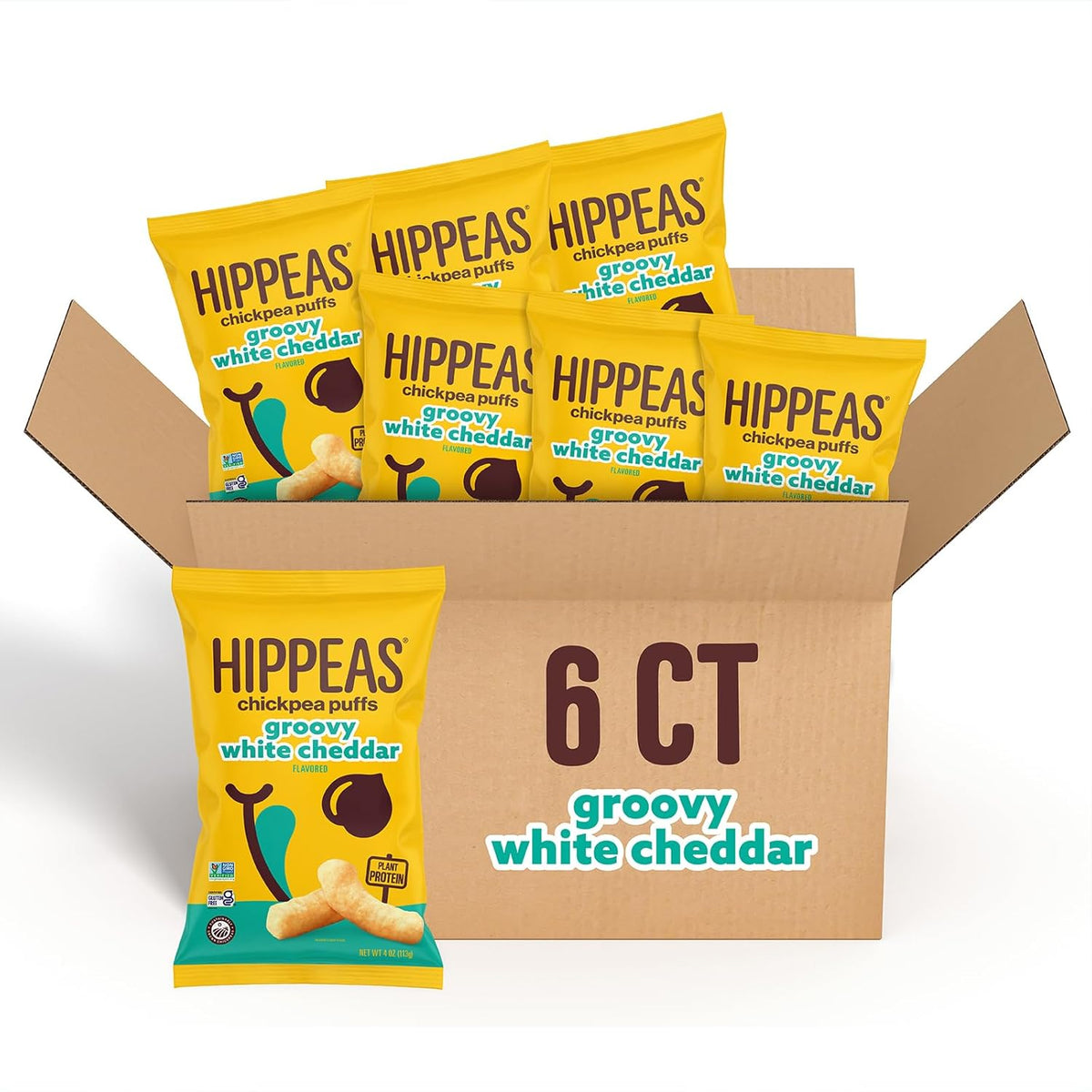 Hippeas Chickpea Puffs, Groovy White Cheddar, 4 Ounce (Pack of 6), 4g Protein, 3g Fiber, Vegan, Gluten-Free, Crunchy, Plant Protein Snacks