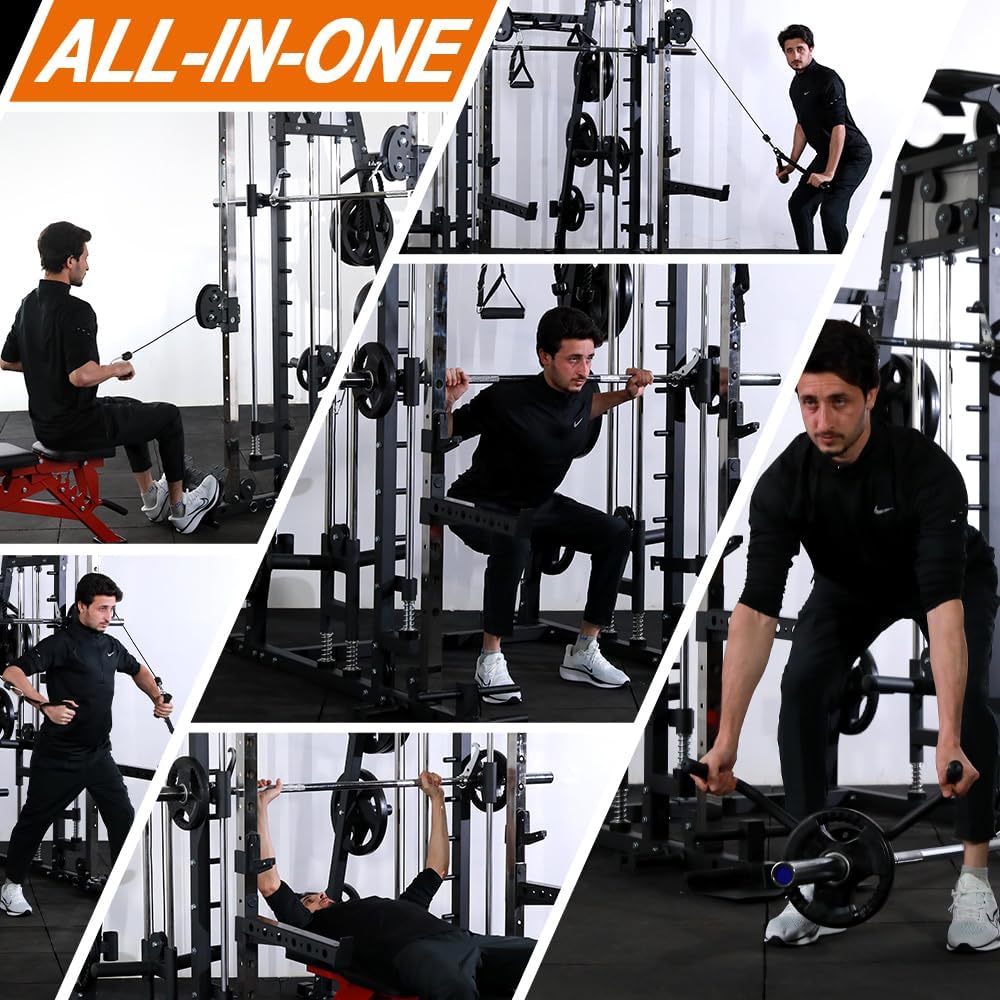 Power Cage 2300lbs Smith Machine Squat Rack with LAT-Pull Down System & Cable Crossover Machine, Training Equipment with Leg Hold-Down Attachment Weight Cage for Home Gym