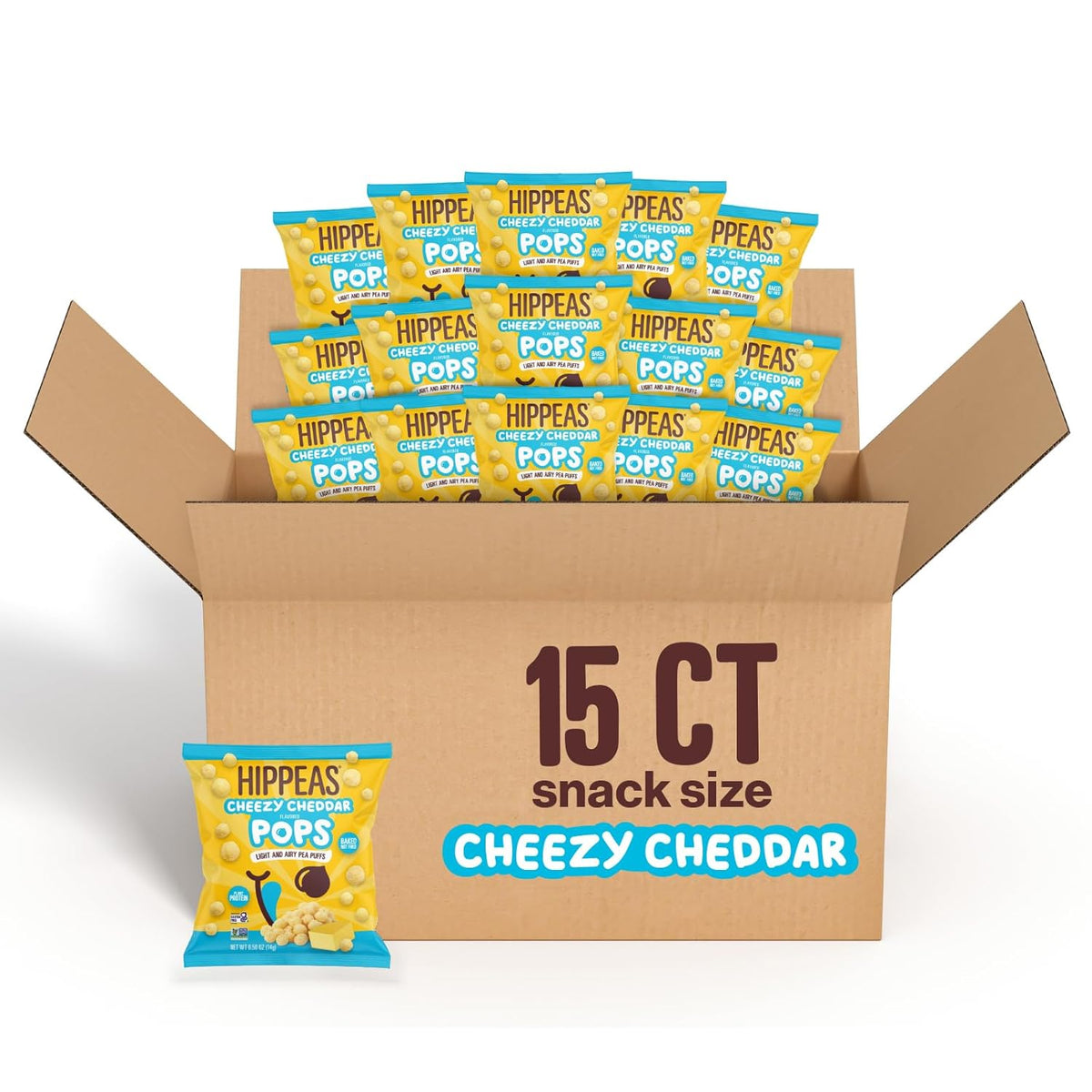 Hippeas Cheezy Cheddar Pops, 0.5 Ounce (Pack of 15), 2g Protein, Fiber, Vegan, Gluten-Free, Crunchy, Plant Protein Snacks