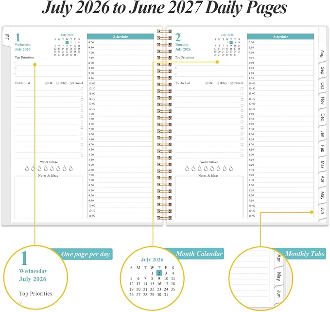 Daily Planner 2026-2027 Full Page Per Day- 2026-2027 Daily & Monthly Planner from July 2026 to June 2027, Day Planner 2026-27 with 12 Months Tabs, 8.5" x 11", Black Flowers