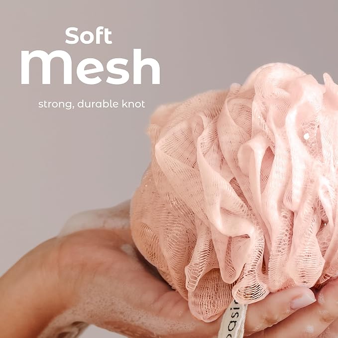 MainBasics Bath Shower Loofah Sponge Pouf Body Scrubber Exfoliator Body Wash Sponge (Set of 3, Earthy Love)