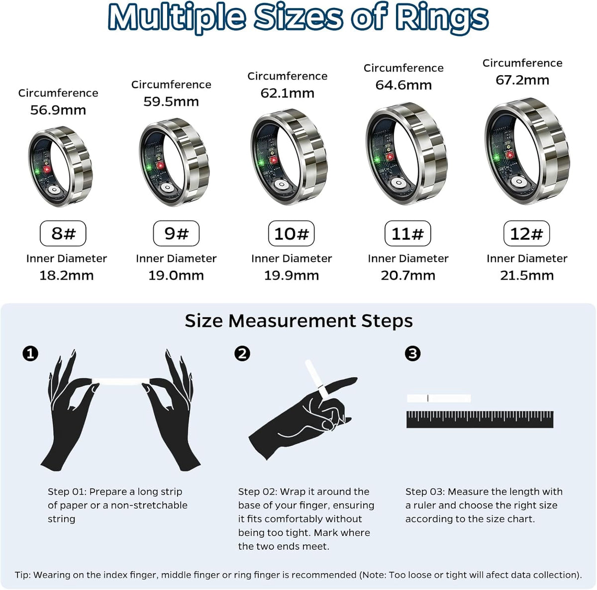 Smart Ring Health Tracker, Sleep Tracker Ring with Heart Rate,Waterproof Fitness Ring for Activity Monitoring/Steps/Distance/Calories,Air Gestures,Up to 7Day Battery,for iOS Android(Stylish Silver#10)