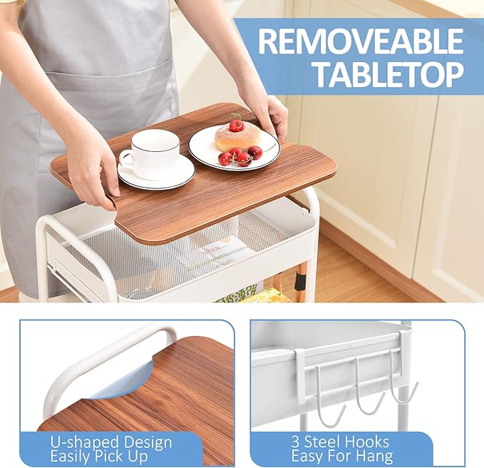 TOOLF 3-Tier Rolling Cart with Table Top, Metal Storage Cart on Wheels, Utility Organizer with Wooden Tray, Lockable Casters, Easy Assembly for Bathroom, Living Room, Office, Kitchen, White