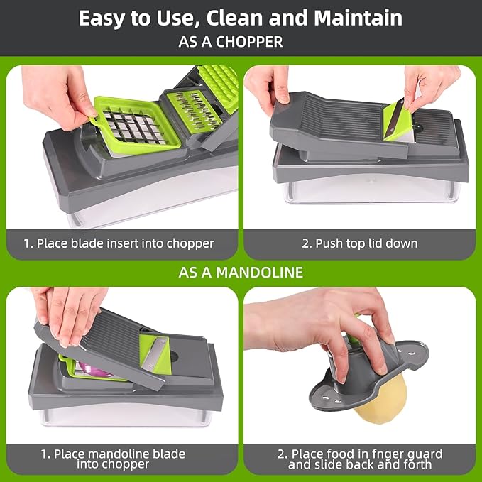 RüK 10-in-1 Vegetable Chopper – 6 Blade Veggie Chopper with Container, Food Dicer, Onion Cutter, Cheese Grater, Mandoline Slicer, Kitchen Gadgets & Home Essentials (Gray)