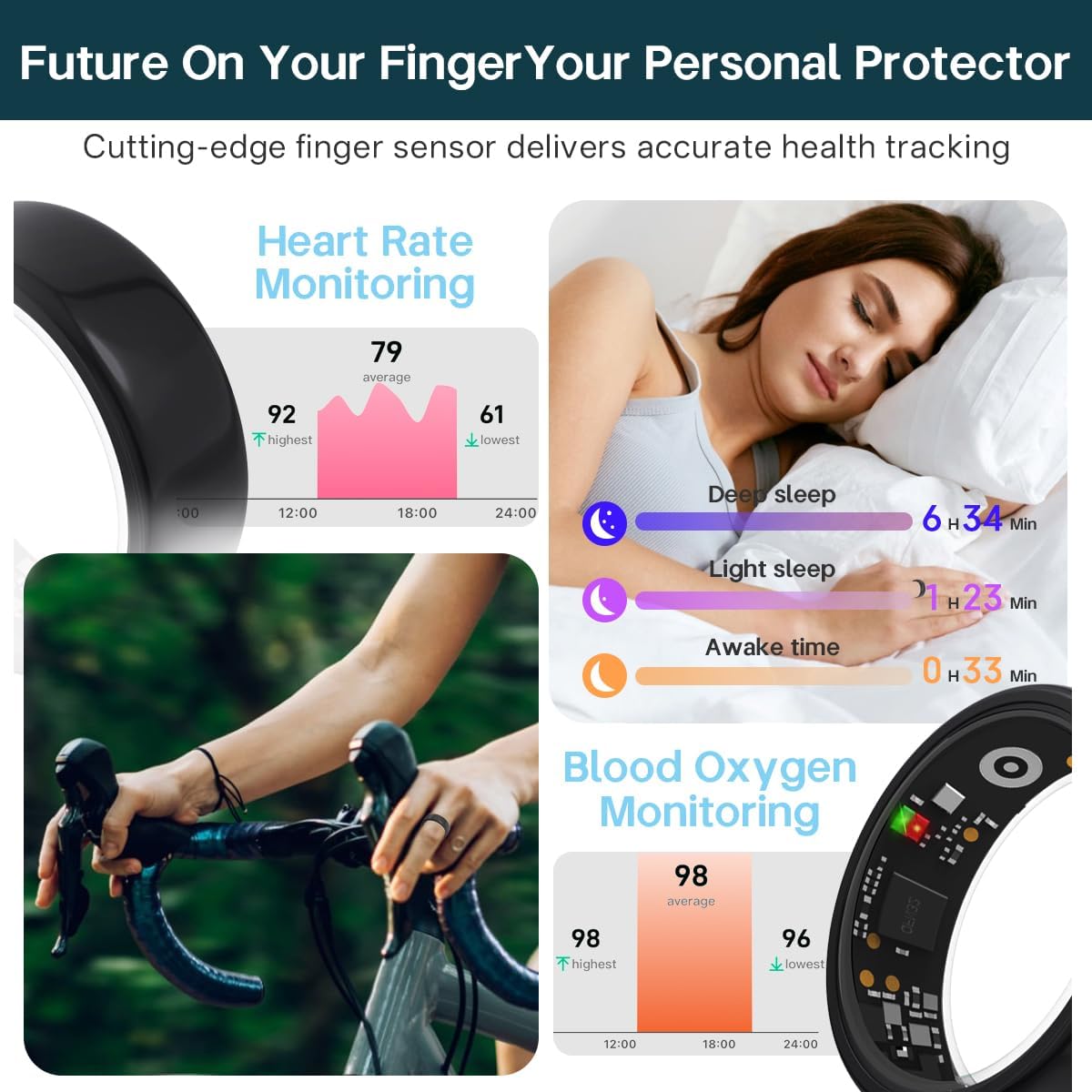 Smart Rings for Women Men,Fitness Tracker Ring,Heart Rate,Blood Oxygen,Blood Pressure,Step Tracker,Sleep Monitoring,No Subscription Fee,IP68 Waterproof Smart Ring for iphone&Android(Black 10)