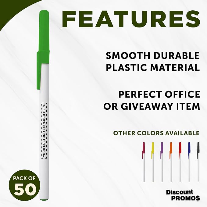 DISCOUNT PROMOS Custom Value Stick Pens Set of 50, Personalized Bulk Pack - Blue Ink, Great for Office, School, Business, Tradeshows, Events - Green Cap