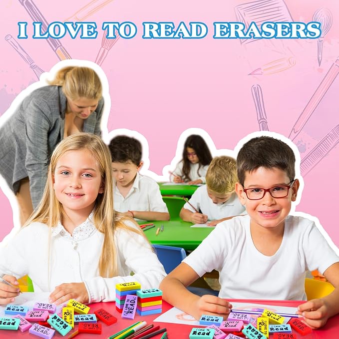 Dunzoom 200 Pcs Inspirational Erasers for Kids Back to School Gifts I Love to Read Small Colorful Pencil Erasers for Students Classroom Cute Motivational Gift for Drawing School Office Supplies