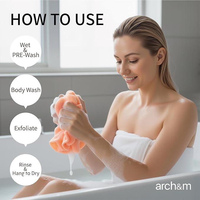 ARCH&M Exfoliating Back Washcloth & Body Scrubber, 3 Pack, 35-Inch | Japanese Washcloth, Exfoliation Shower Towel, Daily Use, Deep Cleansing, Nylon, Beauty Cloth For Smooth Skin