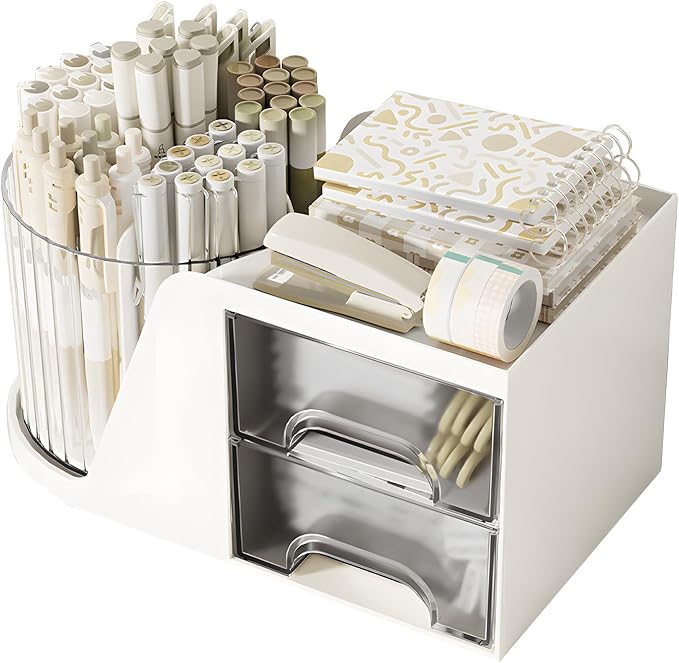 360 Degree Rotating Pencil Pen Holder for Desk , Cute Desk Pen Organizers Desktop Storage Stationery Supplies Cup Pot for Office School Home Art Supply Accessories Caddy Makeup Brush Holder White