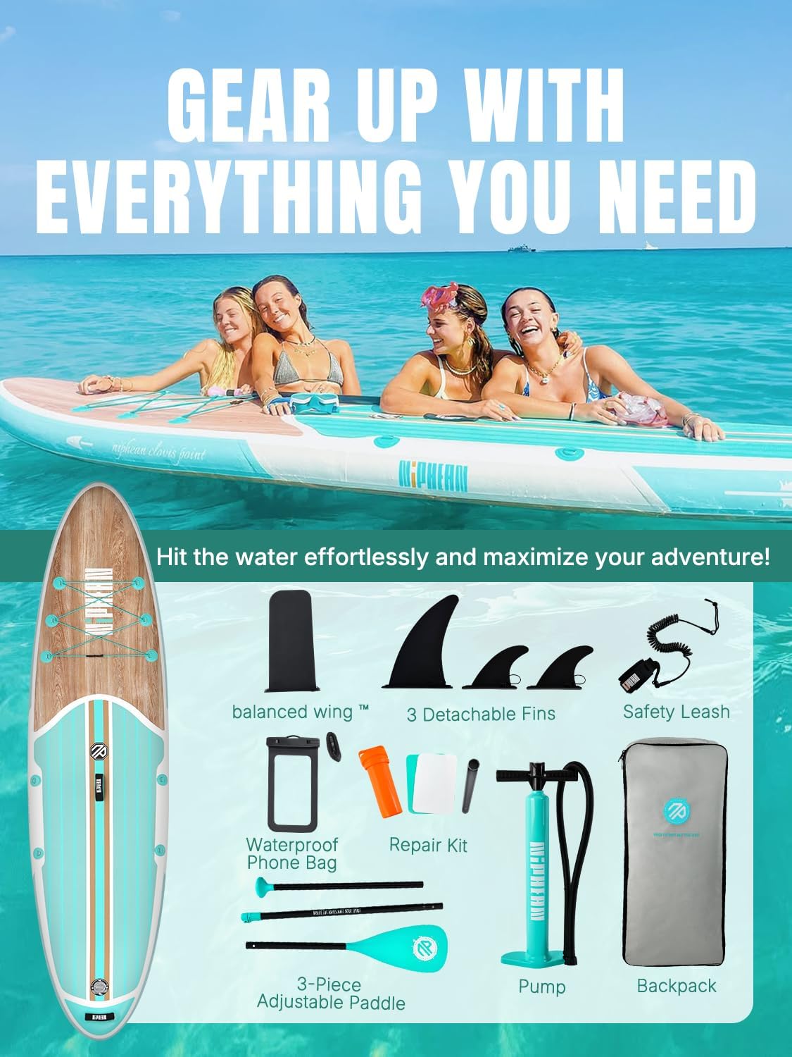 Niphean Inflatable Stand Up Paddle Board with SUP Accessories, Anti-Slip EVA Deck, 10’6’’ Inflatable Paddle Boards for Adults & Youth of All Skill Levels