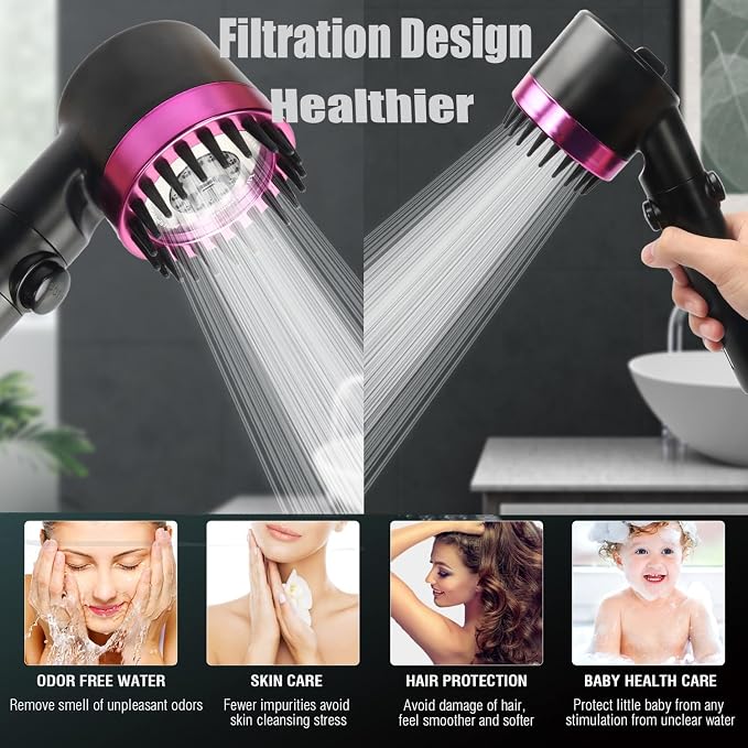 High Pressure Handheld Shower Head High Pressure Shower Heads- High Flow Even with Low Water Pressure - Hand Held Showerhead Set with 59″Replacement Hose/Bracket and Cotton Filters (Black)