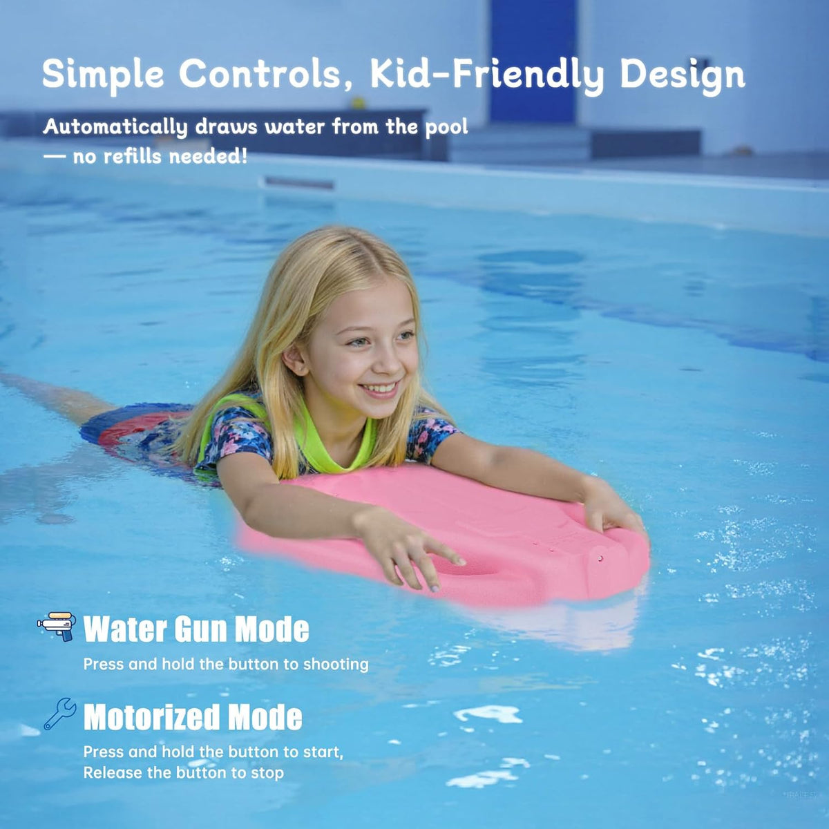Electric Swimming Kickboard for Kids,Motorized Swim Board with Water Gun, Motorized Swim Training for Children Adults, 60N Thrust, 198 lbs Buoyancy, 25V Rechargeable Battery