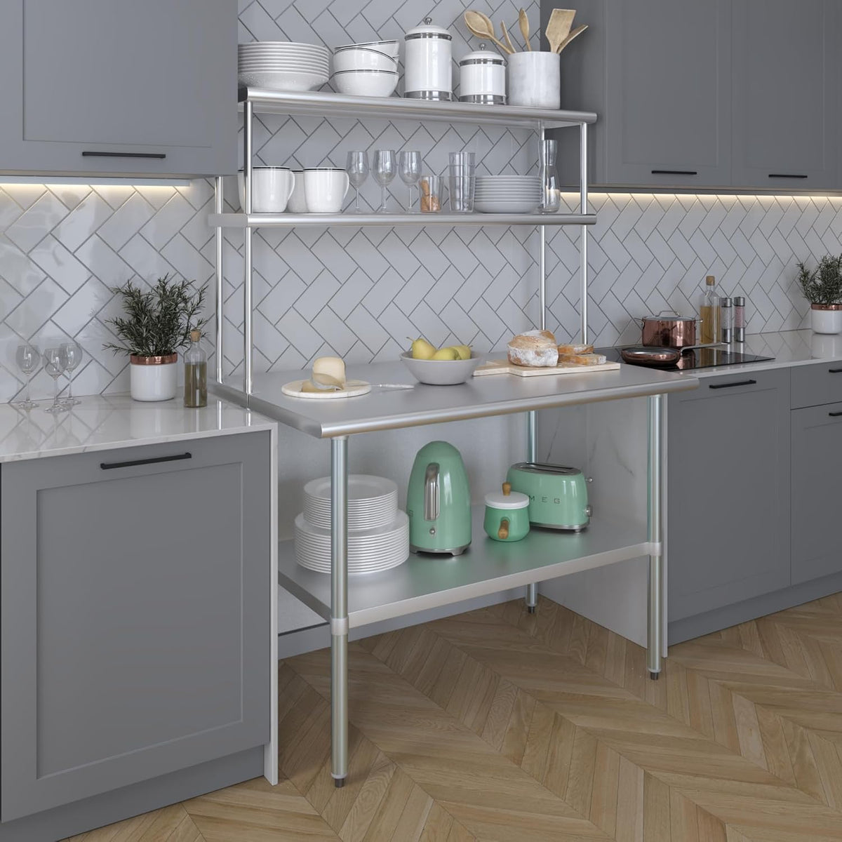 Amgood Stainless Steel Work Table Double Tier Overshelf | Metal Kitchen Prep Table & Shelving Combo (30" x 48" Work Table + 12" Overshelf)