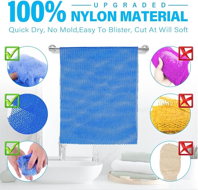 UJFQBH 6 Pieces African Bath Sponge African Net Long Net Bath Sponge Exfoliating Shower Body Scrubber Back Scrubber Skin Smoother,Great for Daily Use (Purple, Gray, Blue, Black, Brown, Green)