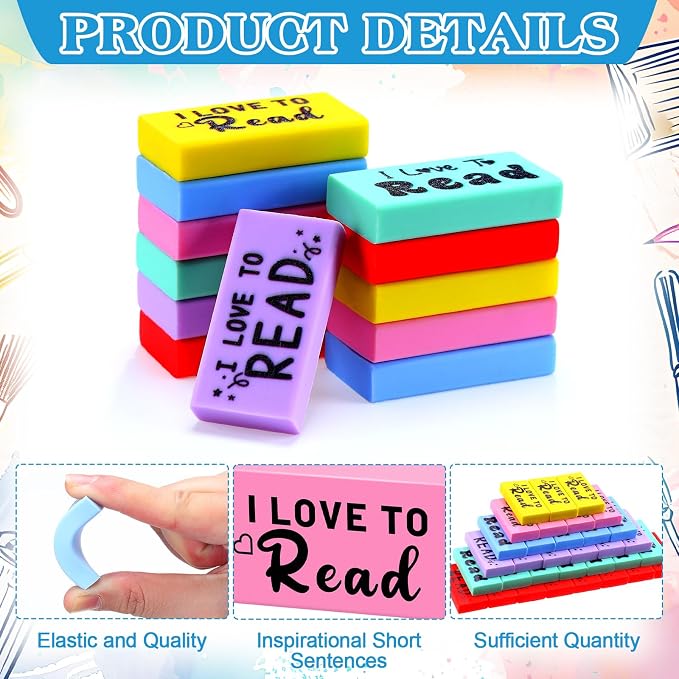 Dunzoom 200 Pcs Inspirational Erasers for Kids Back to School Gifts I Love to Read Small Colorful Pencil Erasers for Students Classroom Cute Motivational Gift for Drawing School Office Supplies