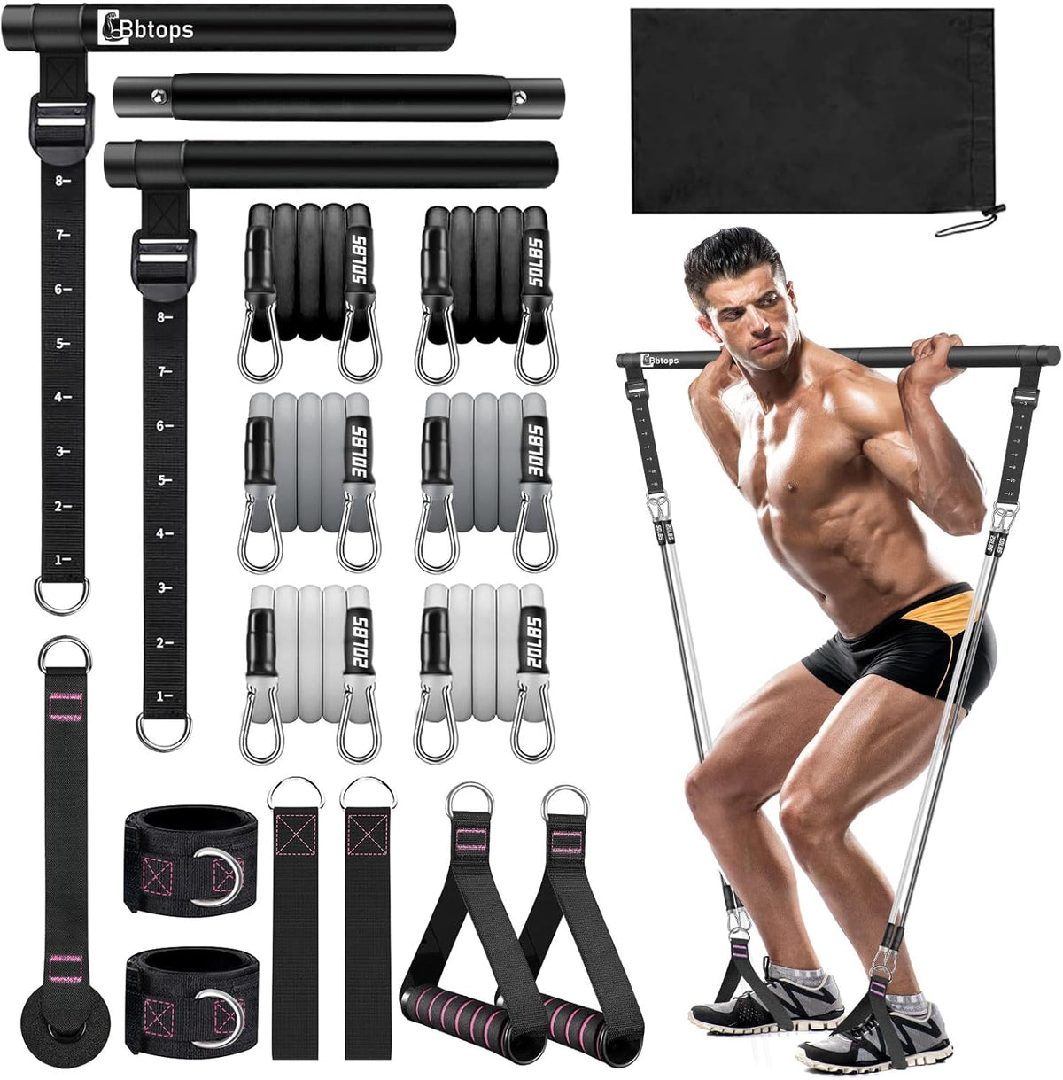 Pilates Bar Kit with Resistance Bands,Pilates Bar with Stackable Bands Workout Equipment for Legs,Hip,Waist and Arm,Exercise Fitness Equipment for Women & Men Home Gym Yoga Pilates