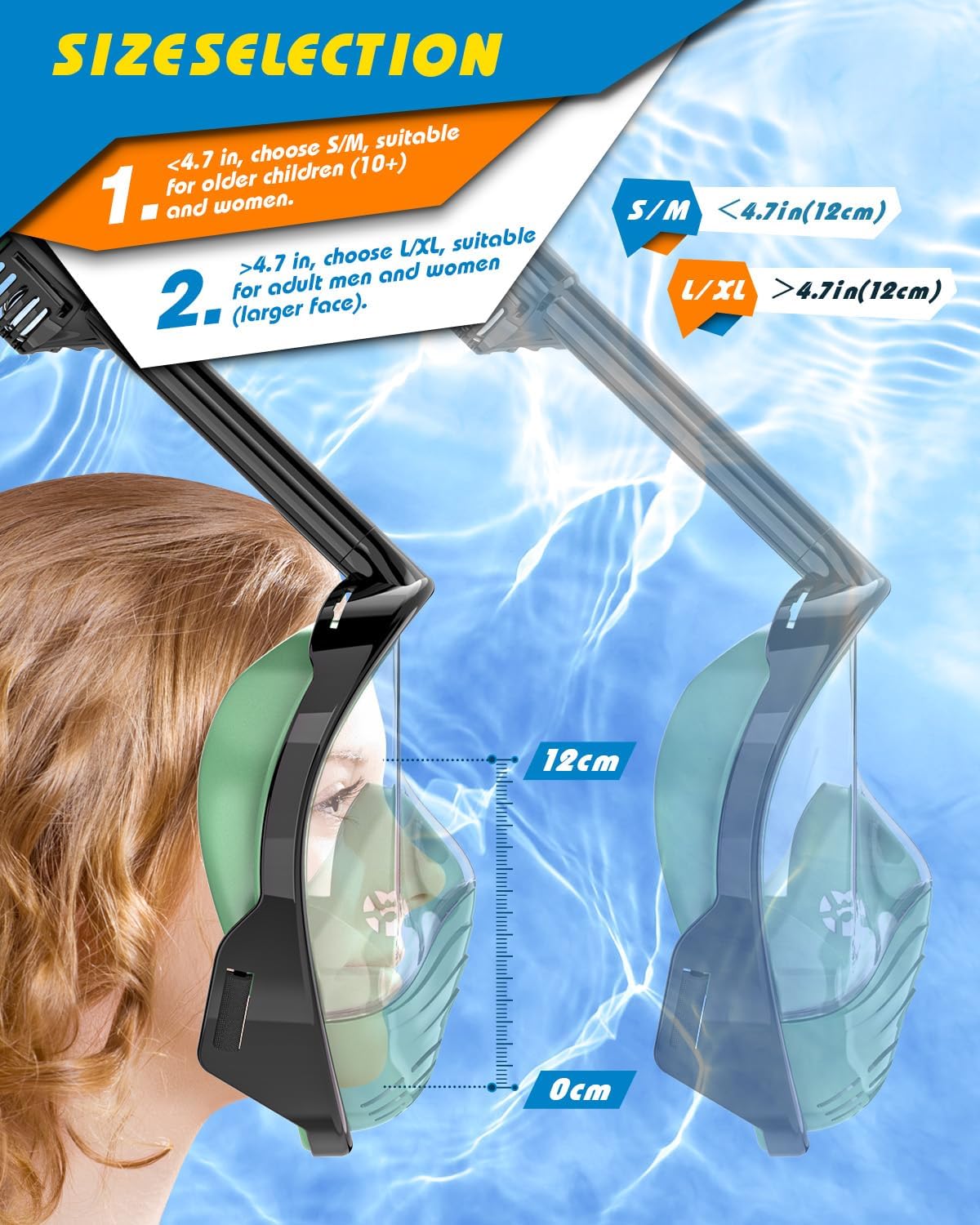 QingSong Full Face Snorkel Mask for Adults, Snorkeling Gear with Camera Mount, 180 Degree Panoramic View Snorkel Set Anti-Fog Anti-Leak