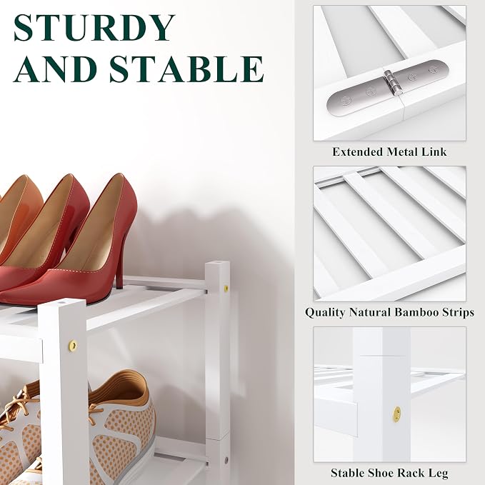 Smiry Bamboo Shoe Rack, 3 Tier Free Standing Wooden Shoe Organizer, Stackable Wood Shoe Storage Shelf for Closet, Entryway, 12 Vertical Slats, 2+1 Stack Standard Legs, 26.8"x11"x19.5", White