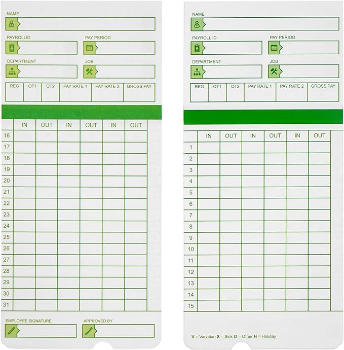 Zzrywuty Time Cards for Employees Monthly, 3 3/8 x 7 3/8 Inch, 100 Count | Green 2-Sided Design, Compatible with Hn3000 Time Clock, Supports All Pay Periods for Employee Attendance