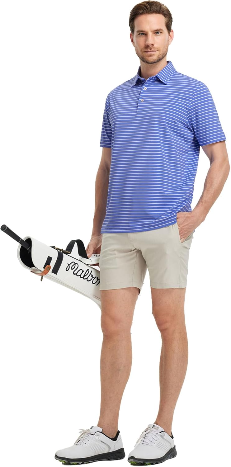 Rouen Mens Polo Shirts Short Sleeve Dry Fit Performance Moisture Wicking Causal Striped Polo Collared Golf Shirts for Men