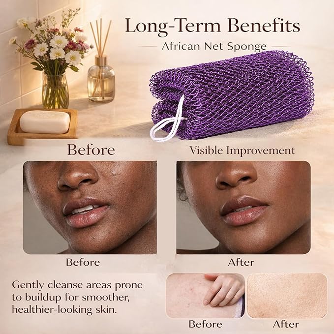 African Net Sponge Authentic, 3 Pieces African Exfoliating Net Sponge Body Back Scrubber Exfoliating Washcloth for Shower Bath for All Types (Black+Brown+Pink, 3 Pcs)