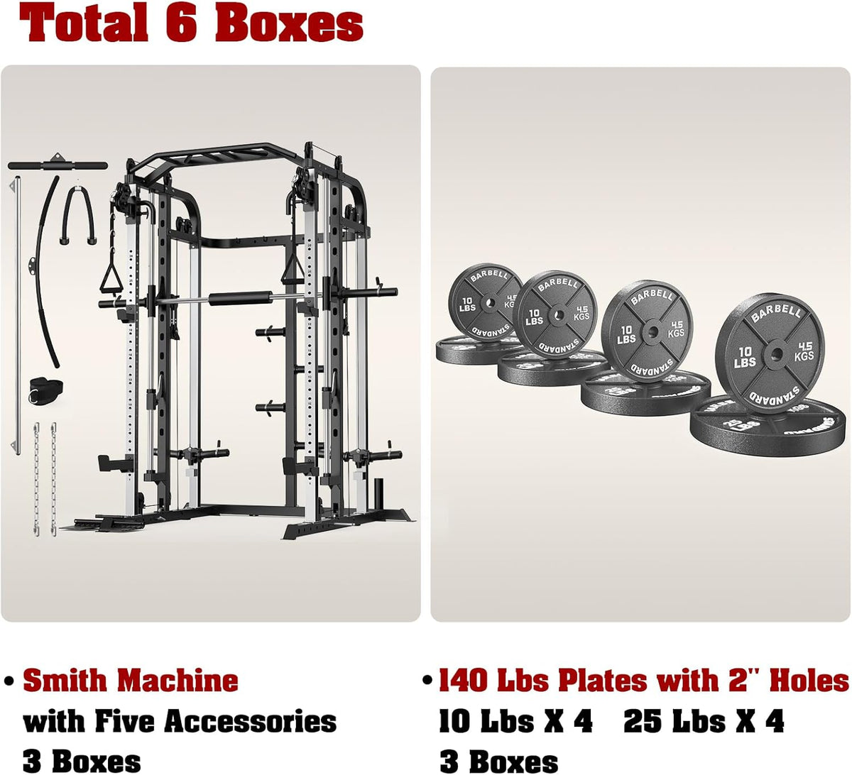 Smith Machine, Multifunctional Power Cage Rack with Smith Bar and Cable Pulley System, and LAT Pull Down Machine for Home Gym…