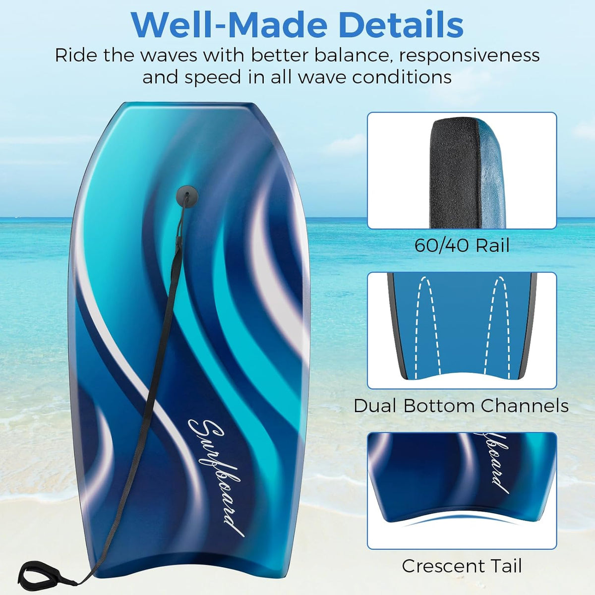 KOTEK 33/37/41 Inch Body Board with Wrist Leash, EPS Core, Dual Channel, HDPE Slick Bottom, Bodyboard for All Skill Levels & Wave Conditions