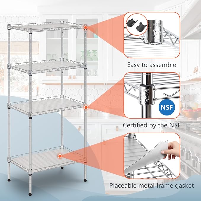 FDW 18L x 12W x 44H Wire Shelves with 4 PP Sheets Metal Shelf Storage Shelves 4 Tier Layer Storage Shelves for Laundry Bathroom Kitchen Garage,Chrome