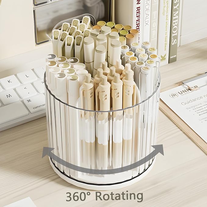 360 Degree Rotating Pencil Pen Holder for Desk , Cute Desk Pen Organizers Desktop Storage Stationery Supplies Cup Pot for Office School Home Art Supply Accessories Caddy Makeup Brush Holder White