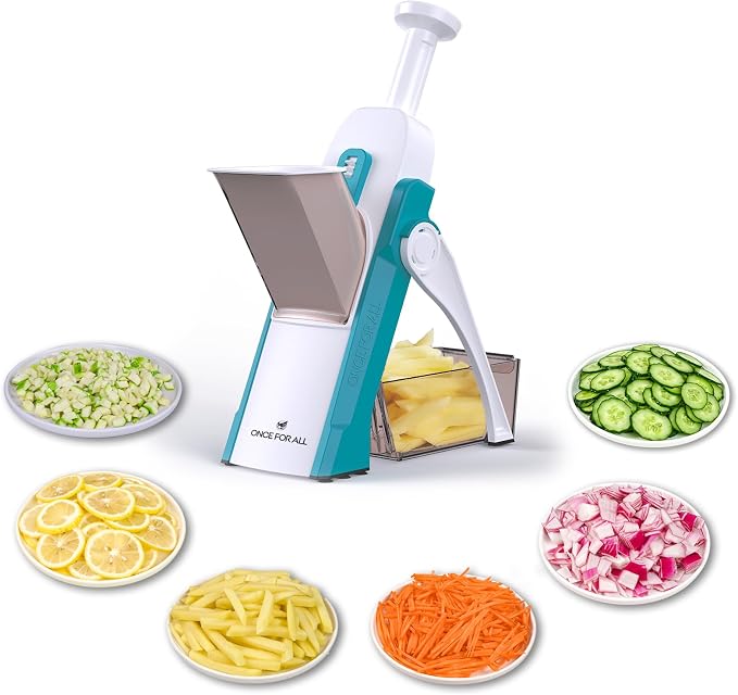ONCE FOR ALL Safe Mandoline Slicer 5 in 1 Vegetable Cutter, Strips Julienne Dicer Adjustable Thickness 0.1-8 mm for Kitench Fast Meal Prep (Blue)