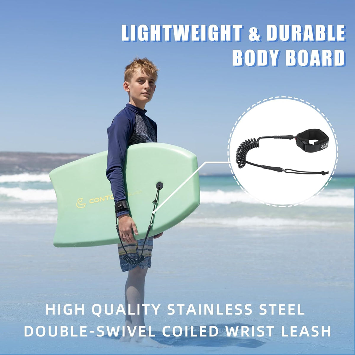 Reed Body Board 33 Inches Bodyboard Body Boards for Beach Kids Lightweight EPS Core Dual Channel Double Swivel Coiled Wrist Leash for All Surfing Levels