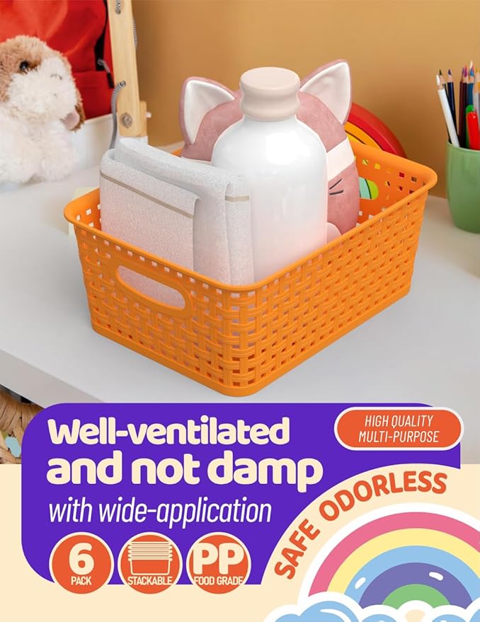 WYT 6-Pack Plastic Small Shelf Storage Weave Baskets Organizing for Cabinets and Pantries, Orange