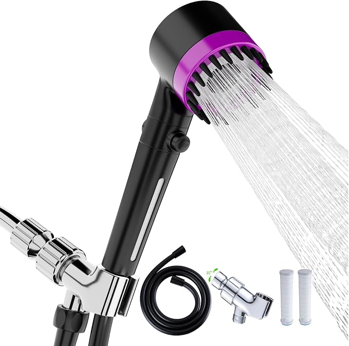High Pressure Handheld Shower Head High Pressure Shower Heads- High Flow Even with Low Water Pressure - Hand Held Showerhead Set with 59″Replacement Hose/Bracket and Cotton Filters (Black)