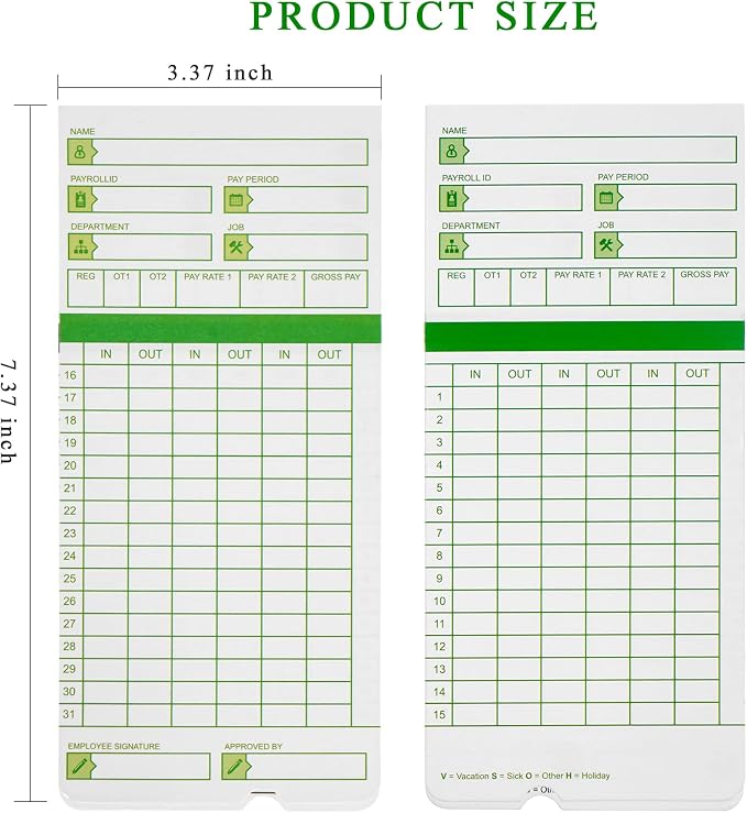 Zzrywuty Time Cards for Employees Monthly, All Pay Periods, 300 Count TimeCards for Hn3000, 2-Sided, 3 3/8" x 7 3/8", Green (Pack of 3)