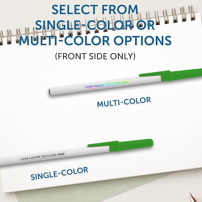 DISCOUNT PROMOS Custom Value Stick Pens Set of 10, Personalized Bulk Pack - Black Ink, Great for Office, School, Business, Tradeshows, Events - Green
