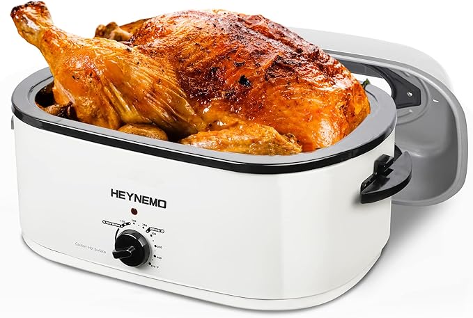 26QT Electric Roaster Oven, Electric Turkey Roaster with Viewing & Self-basting Lid, Stainless Steel Turkey Roaster Oven, White