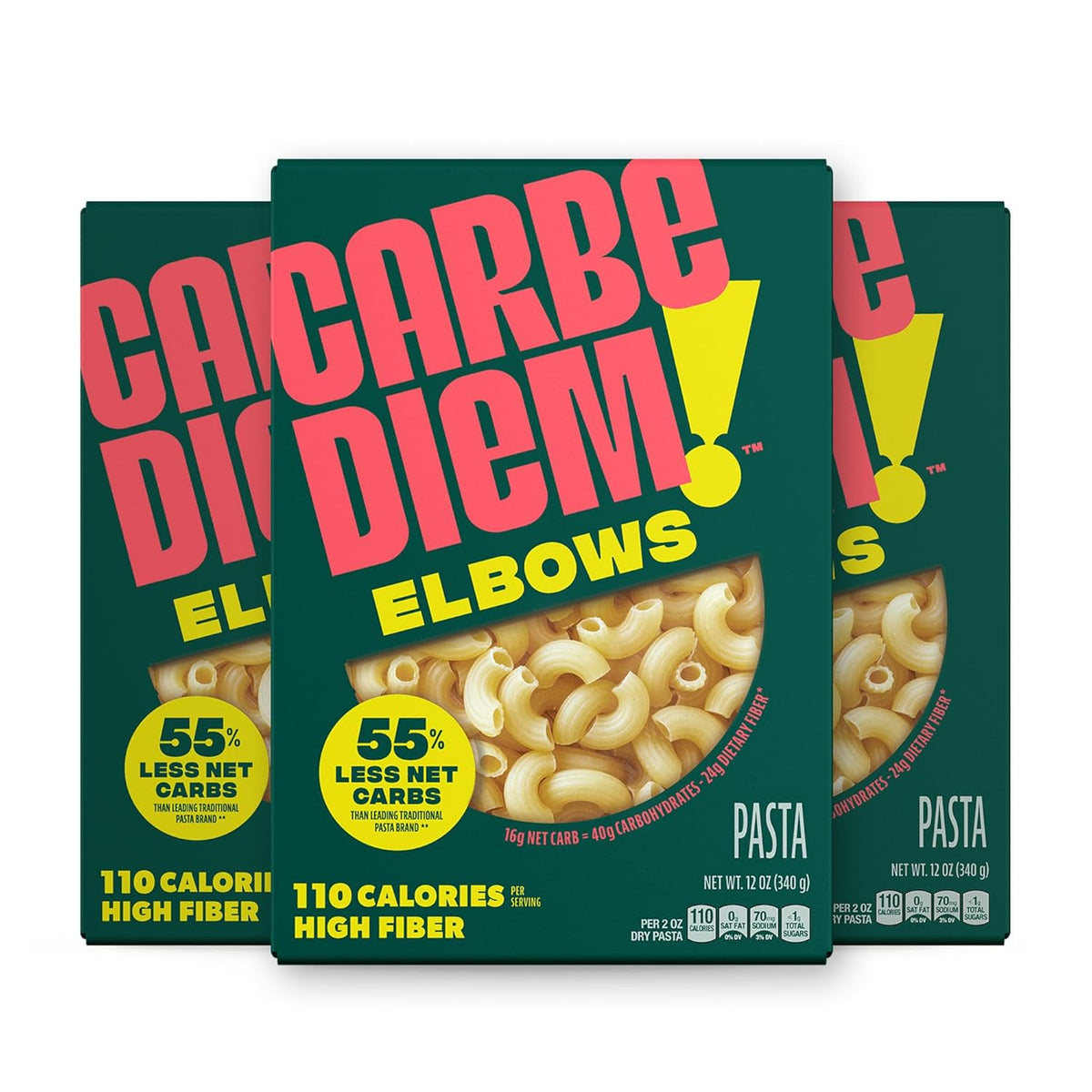 Carbe Diem!, Elbows, Lower Net Carb Pasta with Traditional Flavor & Texture, 55% Fewer Net Carbs & Only 110 Calories Per Serving, Pack of 3