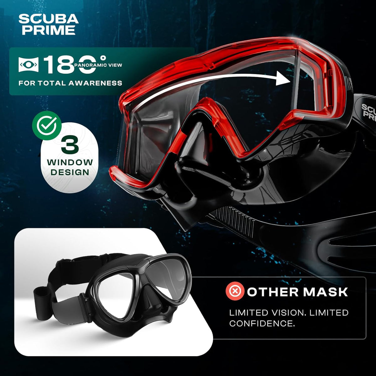 Pano 3 Scuba Diving Mask, Tempered Glass Snorkel Mask Three-Window Scuba Mask No-Leak Dive Mask Silicone Skirt Diving Mask for Snorkeling and Scuba Use