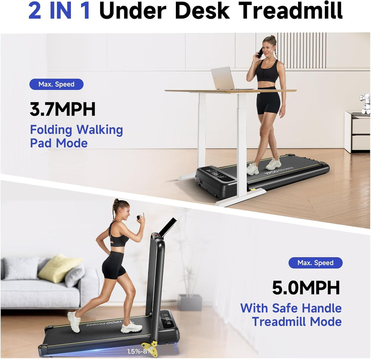 Foldable Treadmill with Incline, Walking Pad with Handle Bar 3 Level Incline, Portable Folding Treadmills for Home/Office 300 Lbs Capacity, Quiet Desk Treadmill with Remote Control & APP