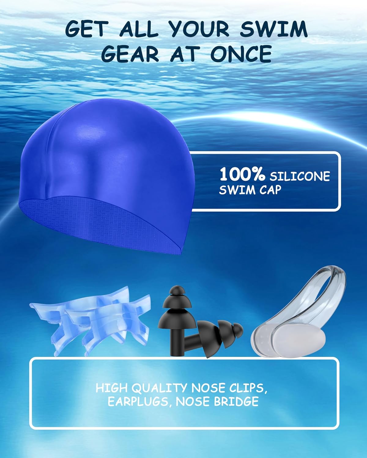 Kids Swim Goggles, Swimming Goggles for Kids Toddlers 3-14 with Swim Cap, Nose Clip, Nose Bridge, Ear Plugs