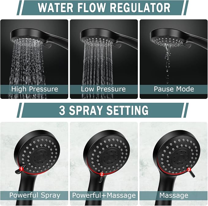 Taiker Filtered Shower Head, High Pressure Rainfall Shower Head/Handheld Shower Filter Combo, Luxury Modern Chrome Plated with 60'' Hose Anti-leak with Holder (Black)