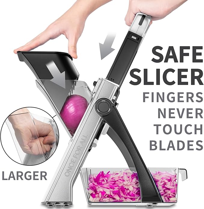 ONCE FOR ALL Upgrade Safe Mandoline Slicer Plus, Biger Size, Adjustable Vegetable Food Chopper Potato Fries Cutter, Detachable Blade, Kitchen Chopping Artifact, Gift (Black)