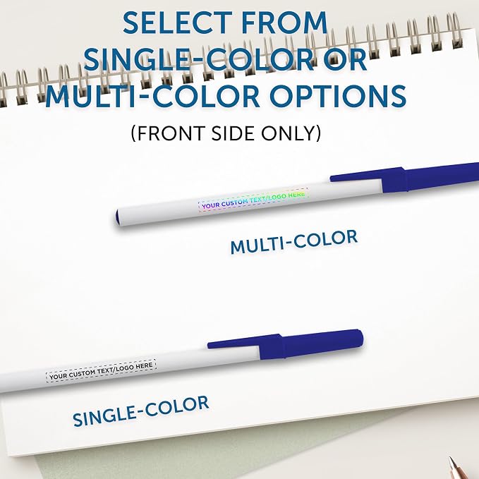 DISCOUNT PROMOS Custom Value Stick Pens Set of 50, Personalized Bulk Pack - Black Ink, Great for Office, School, Business, Tradeshows, Events - Blue