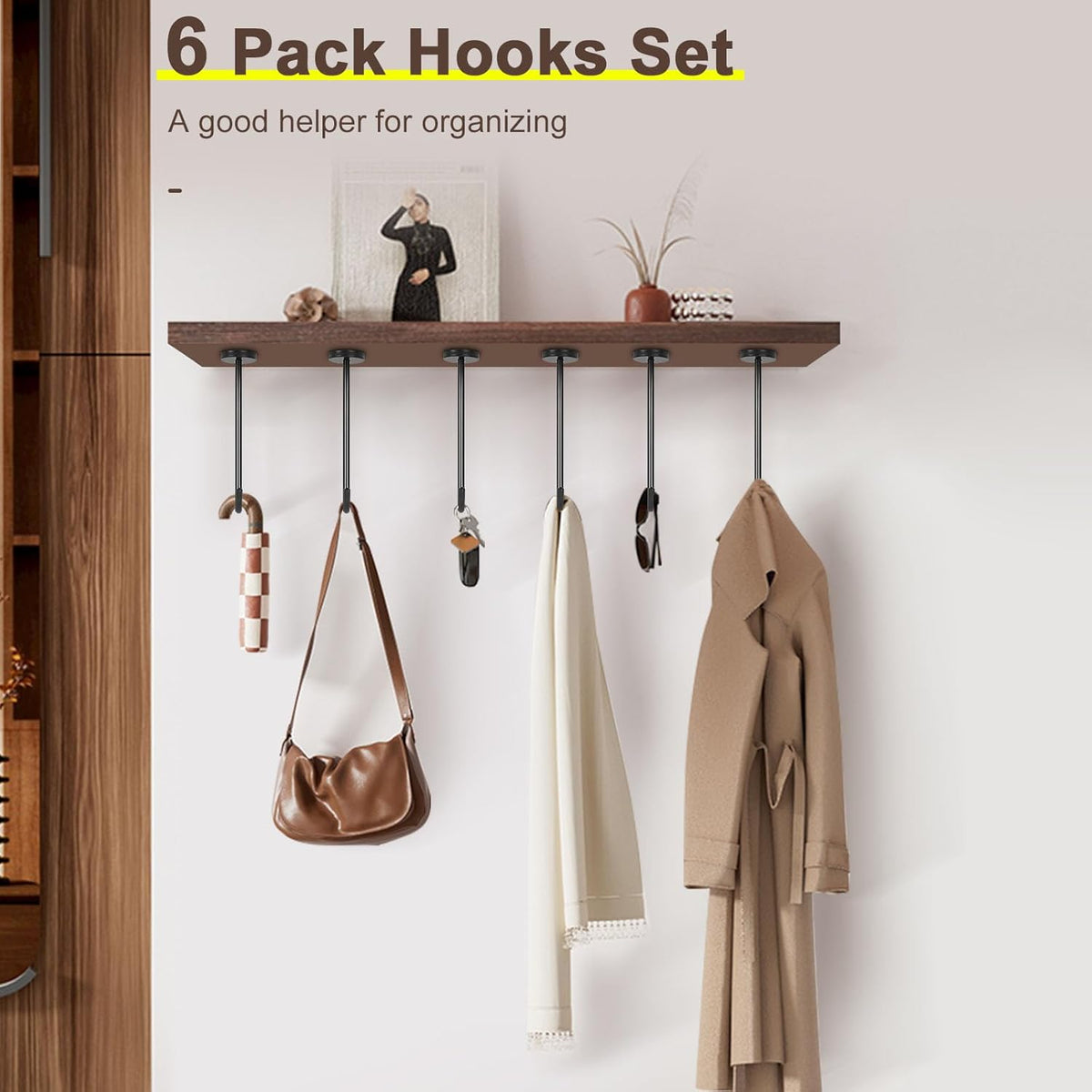 NearMoon Coat Hooks, Wall Hooks for Hanging Hat Hurse Robe, 304 Stainless Steel Heavy Duty Towel Hangers for Bathroom Livingroom Kitchen-Ceiling Hook, 6 Pack (8 Inch, Matte Black)