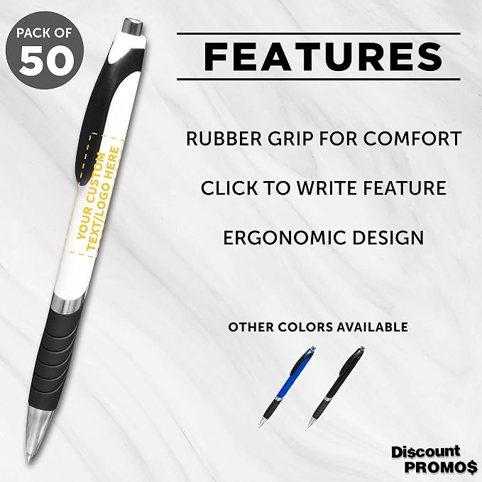 DISCOUNT PROMOS Ballpoint Pens With Rubber Grip - 50 pack - Customizable Text, Logo - Black Ink Ball Point Pen with Soft Touch Plastic - White