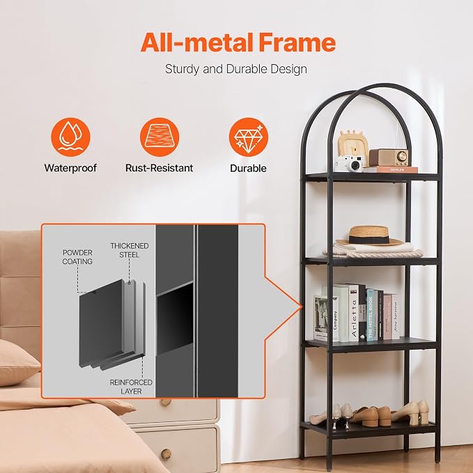 VEVOR Metal Bookshelf, 4-Tier Arched Industrial Bookshelf, Small Rustic Vintage Storage Bookcase with Open Shelves, Freestanding Display Shelving Unit Storage Rack, for Living Room, Bedroom & Office