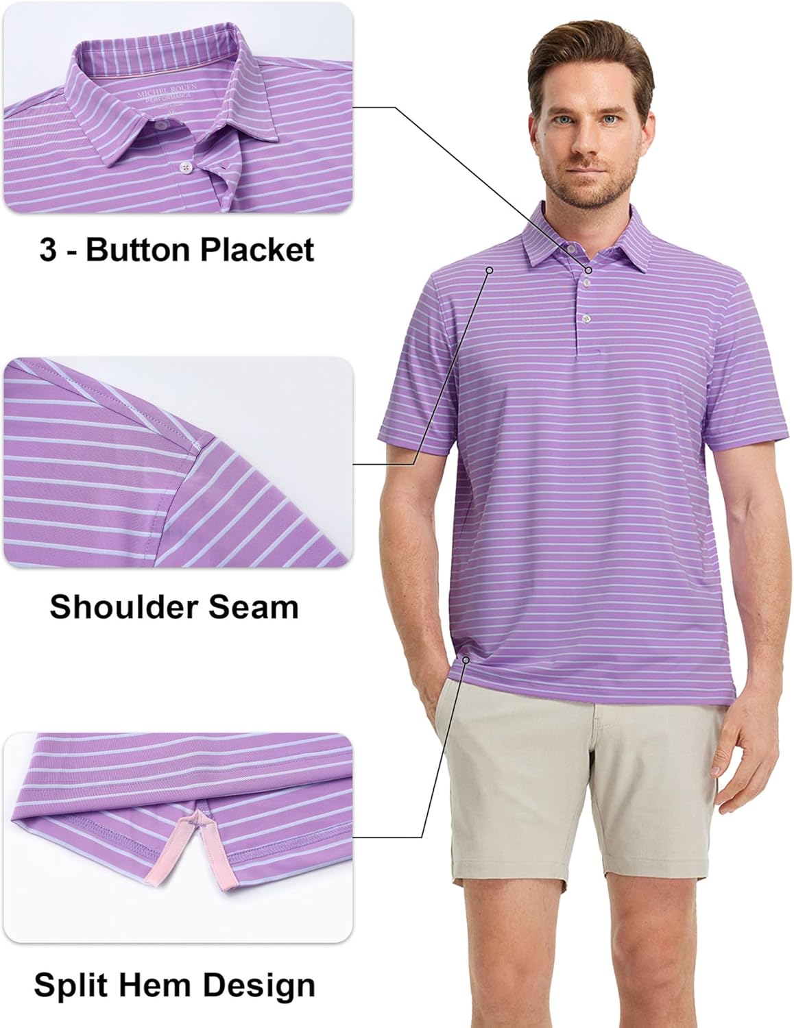 Rouen Mens Polo Shirts Short Sleeve Dry Fit Performance Moisture Wicking Causal Striped Polo Collared Golf Shirts for Men