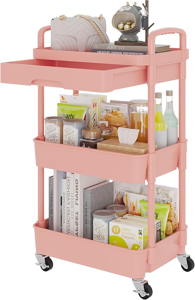 Calmootey 3-Tier Rolling Utility Cart with Drawer,Multifunctional Storage Organizer with Plastic Shelf & Metal Wheel,Storage Cart for Kitchen,Bathroom,Living Room,Office,Pink
