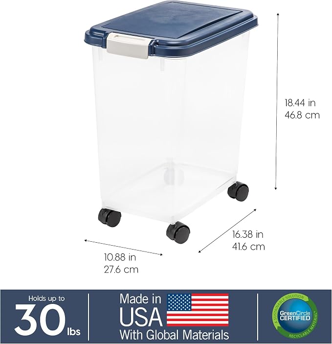 IRIS USA Airtight Dog Food Storage Container, Up to 30 lbs, Attachable Wheels, for Dog Cat Bird and other Pet Food Storage Bin, Keep Fresh, Easy Mobility, BPA Free, Navy