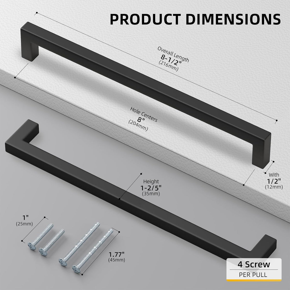 goldenwarm 10Pack 8INCH Matte Black Cabinet Pulls Kitchen Hardware, 204mm Square Bar Pulls for Cabinets Hardware, Black Drawer Pulls 8-1/2in Overall Length